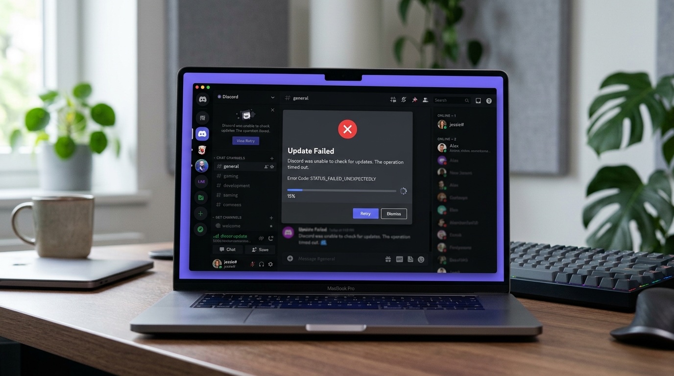 Laptop screen showing Discord 'Update Failed - Retrying' error dialog with stuck progress bar