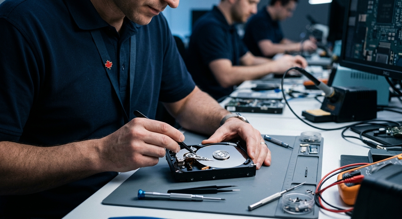 Canadian data recovery technician inspecting a hard drive locally, no cross-border shipping required
