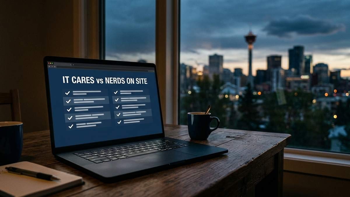 Laptop on a desk comparing IT Cares and Nerds On Site computer repair services, with the Calgary skyline and Calgary Tower visible through the window at dusk