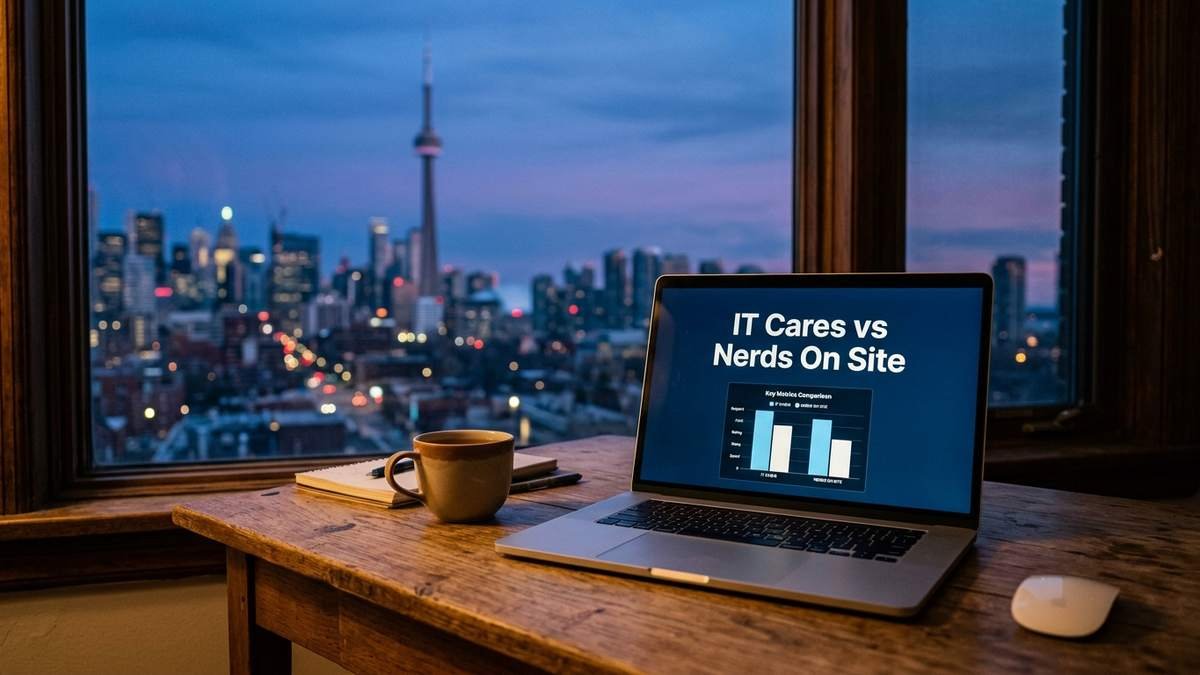 Laptop on a desk comparing IT Cares and Nerds On Site computer repair services, with the Toronto skyline and CN Tower visible through the window at dusk