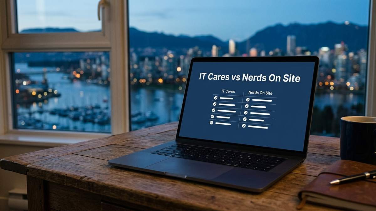 Laptop on a desk comparing IT Cares and Nerds On Site computer repair services, with the Vancouver skyline, harbor and mountains visible through the window at dusk
