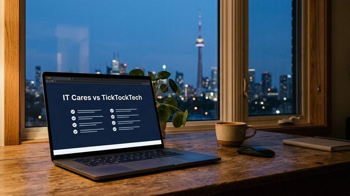 Laptop on a desk comparing IT Cares and TickTockTech computer repair services, with the Ottawa Parliament and Toronto skyline visible through windows at dusk