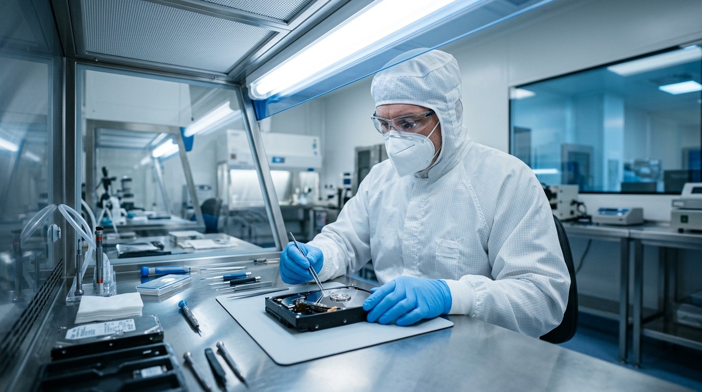 Technician in a white cleanroom suit inspecting an open hard drive under a laminar flow bench in a sterile ISO Class 5 lab