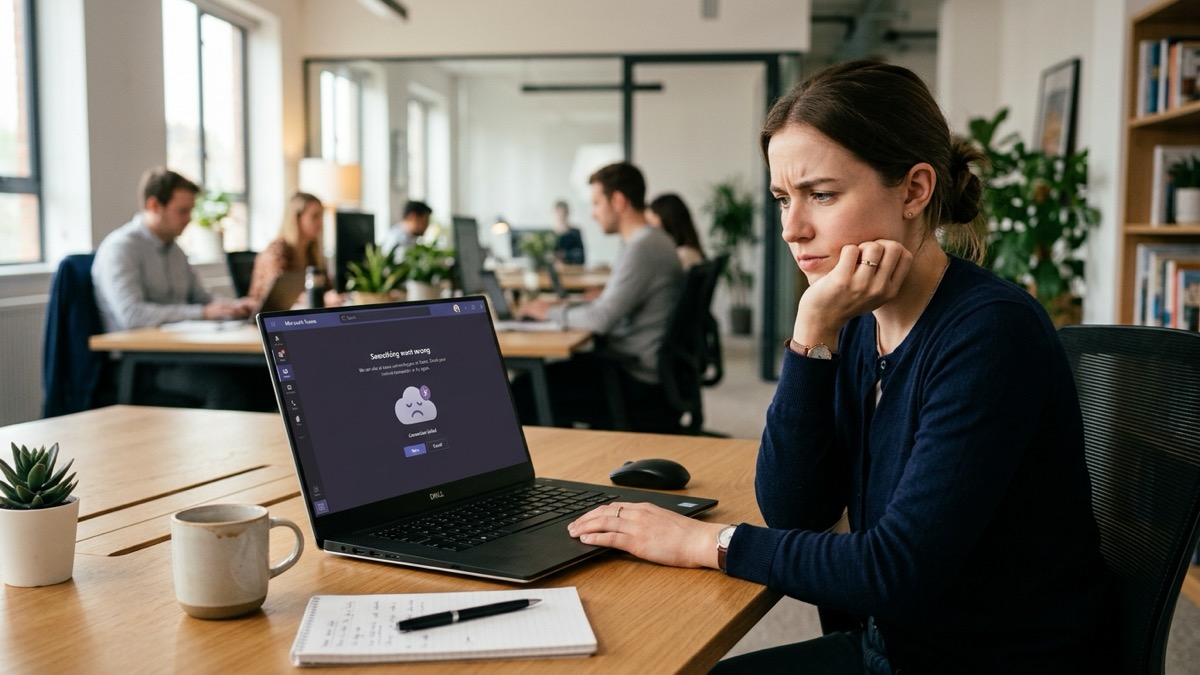 Laptop showing a Microsoft Teams connection error screen