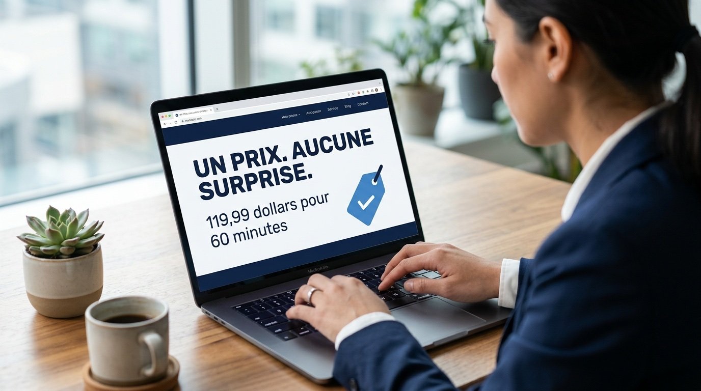 Un prix, aucune surprise, tarif de 119,99$ affiché sur un écran d'ordinateur portable - IT Cares
