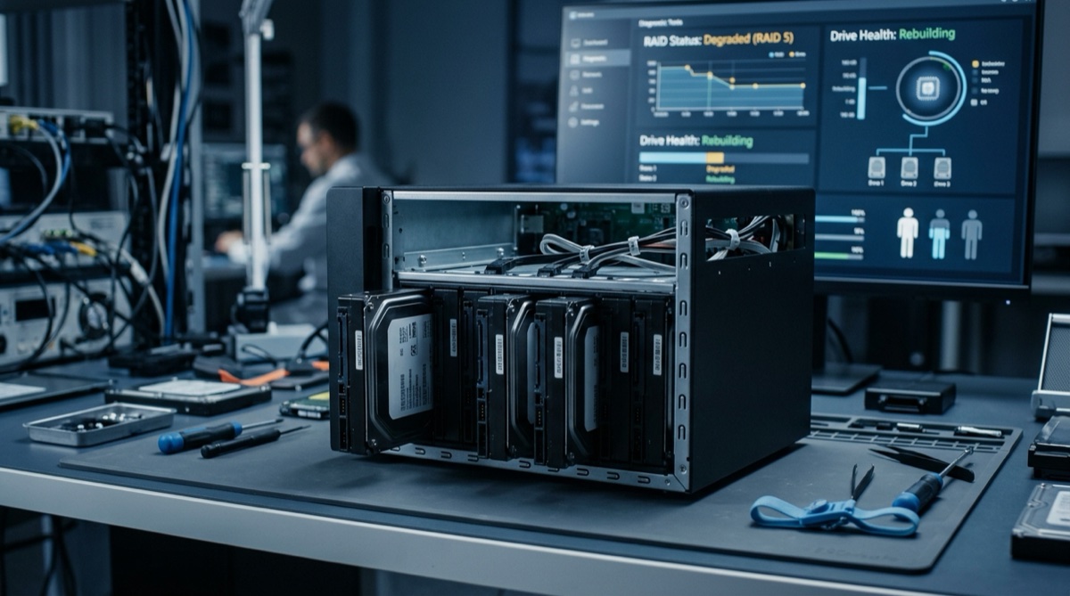 NAS multi-baies ouvert sur une table de laboratoire IT Cares, disques durs extraits et écran de diagnostic RAID en arrière-plan