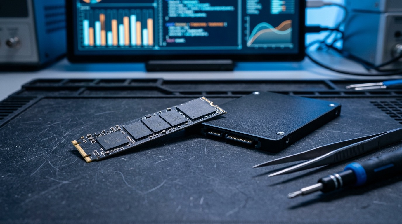 SSD M.2 NVMe et SSD SATA sur un poste de travail de récupération de données à Montréal