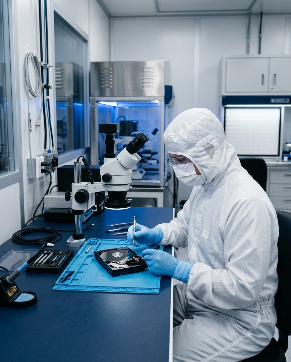 Technicien en combinaison de salle blanche effectuant une récupération de données sur disque dur dans un laboratoire stérile ISO 5 à Montréal