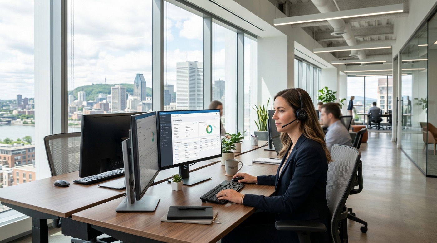 Technicien IT Cares assistant un courtier d'assurance devant son poste multi-écrans dans un cabinet de courtage à Montréal
