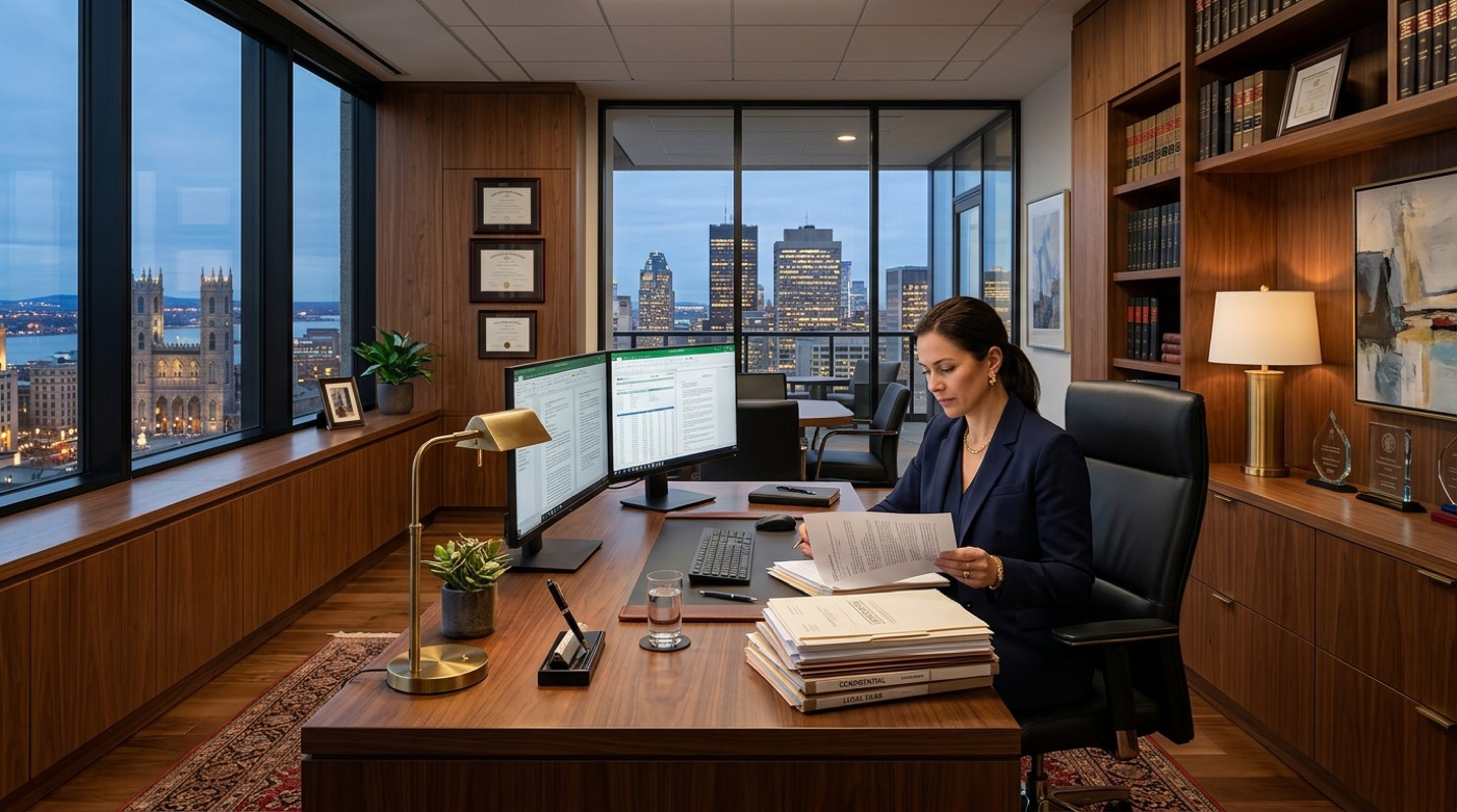 Lawyer in a Canadian law office working on a laptop while an IT Cares technician provides remote confidential IT support