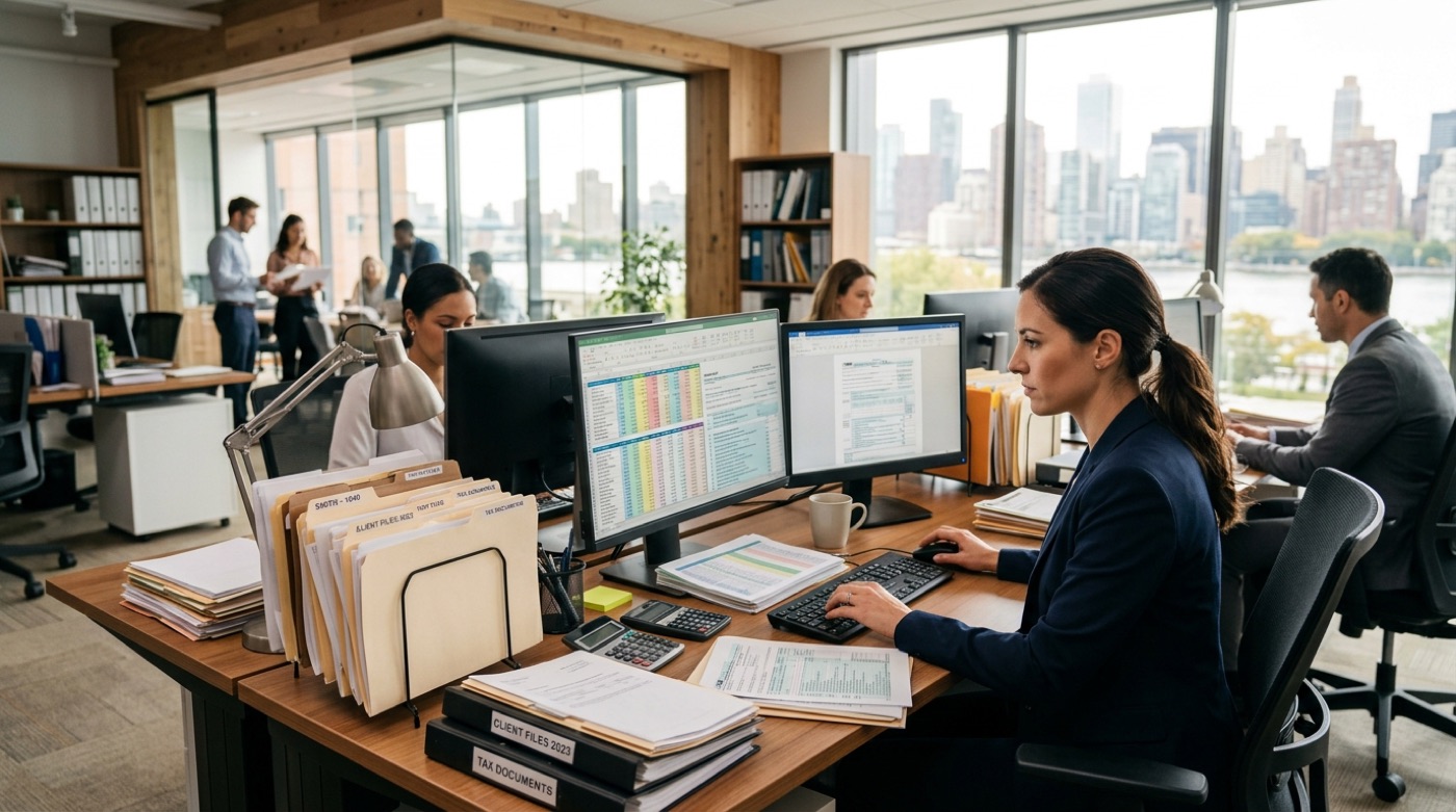 Technicien IT Cares supportant à distance un poste de travail de cabinet comptable avec Acomba et QuickBooks ouverts