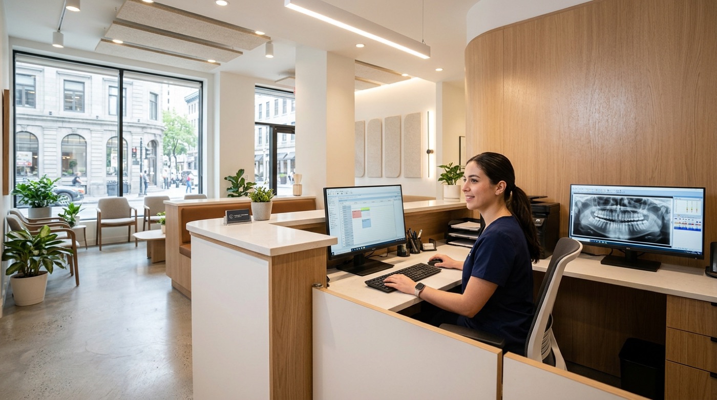 Technicien IT Cares offrant du support informatique à distance à une clinique dentaire de Montréal, poste de radiographie numérique et logiciel de gestion dentaire