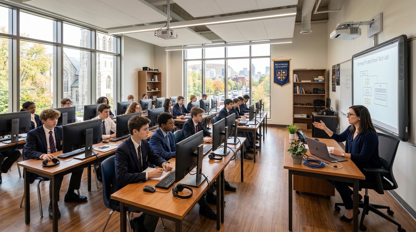 Technicien IT Cares qui aide le personnel d'une école privée avec le laboratoire informatique et le tableau interactif d'une classe