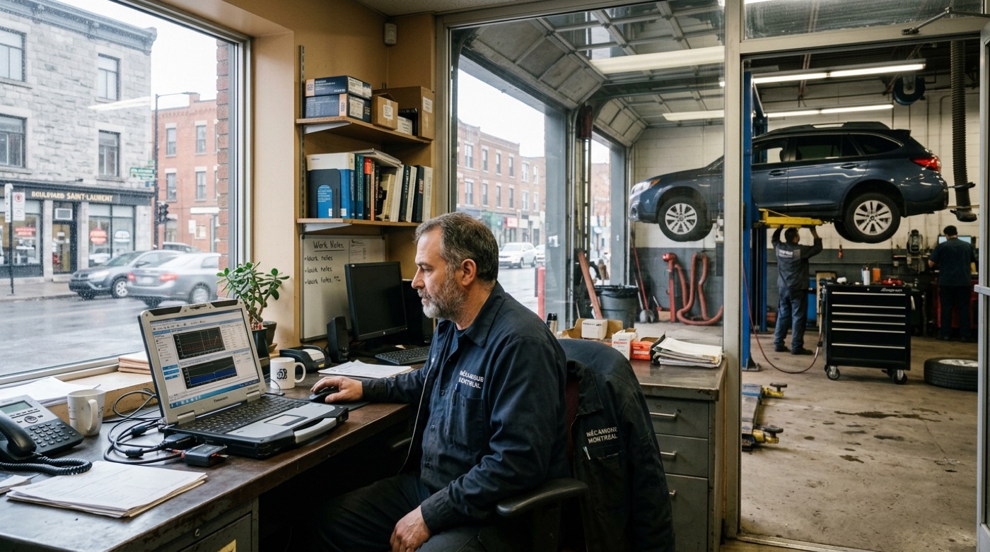 Technicien IT Cares qui dépanne à distance le poste de diagnostic OBD et le réseau d'un garage de mécanique à Montréal