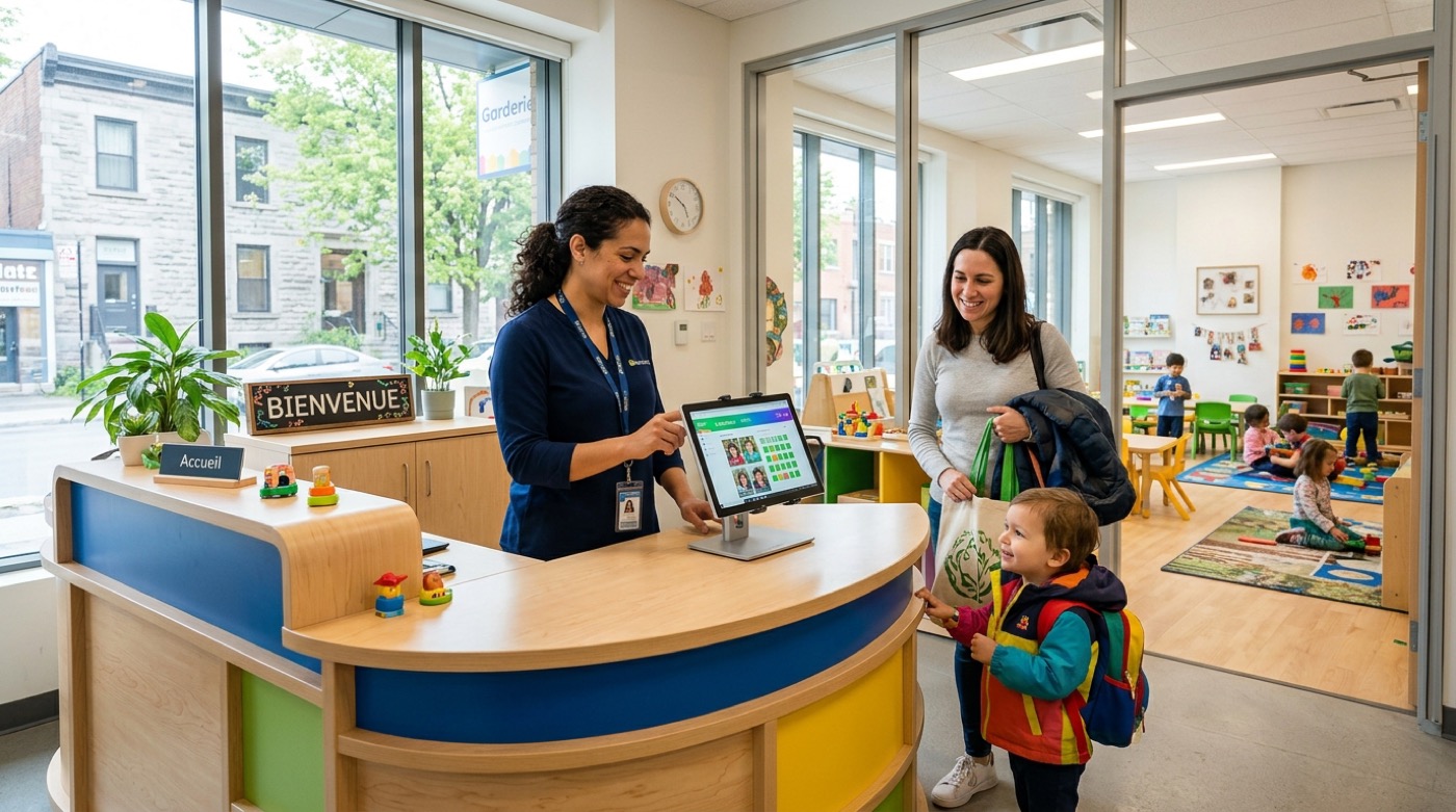 IT Cares technician fixing the digital attendance system and network at a daycare in Canada