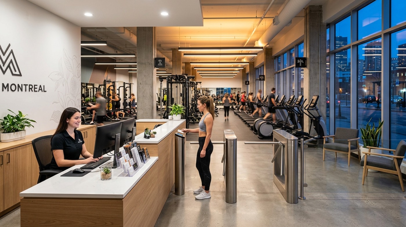 Technicien IT Cares dépannant la borne de check-in et le système de réservation d'un gym à Montréal