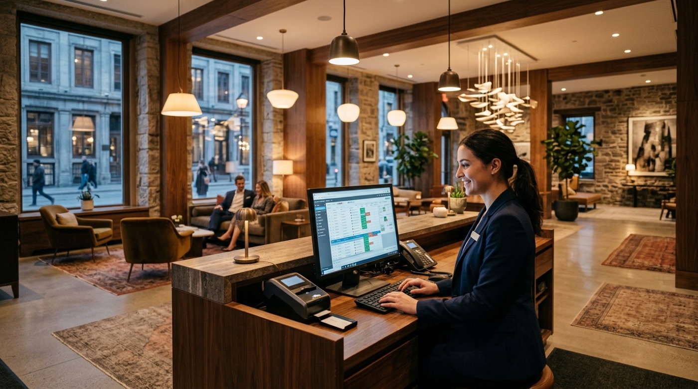 Technicien IT Cares dépannant le PMS et la réception d'un hôtel à Montréal