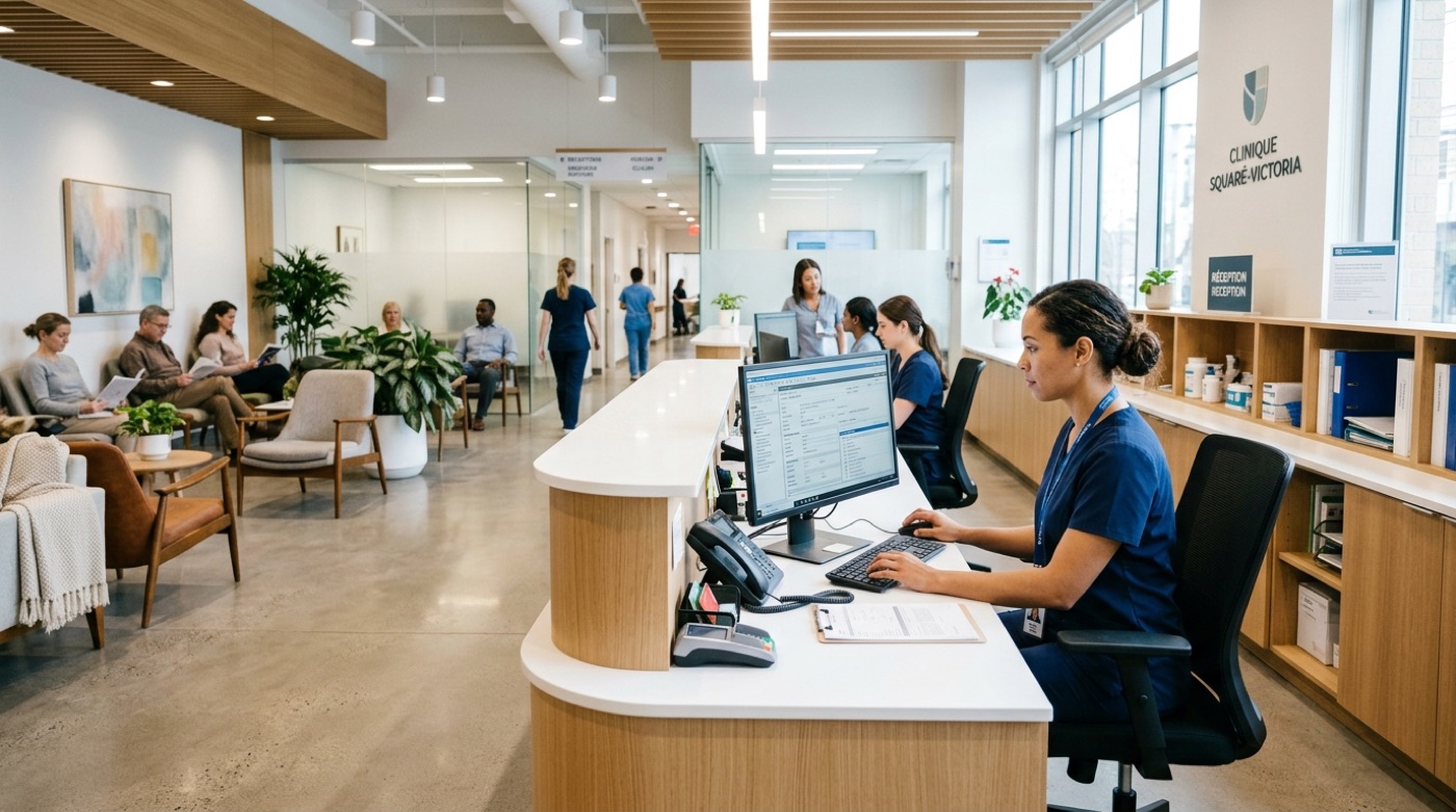 Technicien IT Cares assistant une réceptionniste de clinique médicale sur un poste de consultation à Montréal