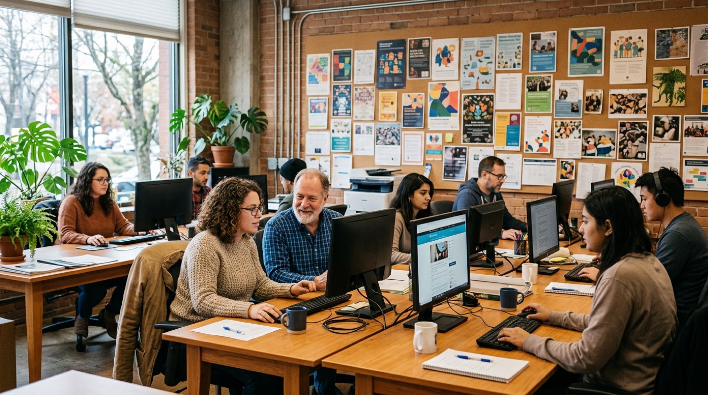Technicien IT Cares qui aide bénévoles et employés d'un organisme à but non lucratif avec leurs ordinateurs et leur logiciel de gestion des donateurs