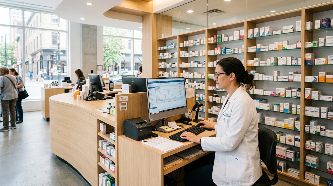 Technicien IT Cares assistant un pharmacien au comptoir de dispensation d'une pharmacie à Montréal
