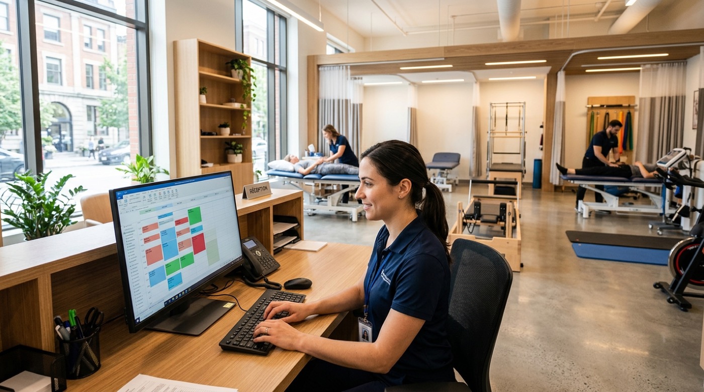 IT Cares technician fixing the front-desk workstation and clinic management software at a physiotherapy clinic in Canada