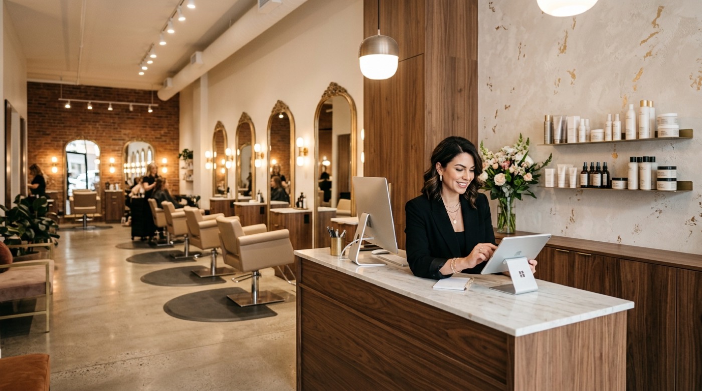 Technicien IT Cares assistant une coiffeuse à la réception d'un salon de coiffure à Montréal