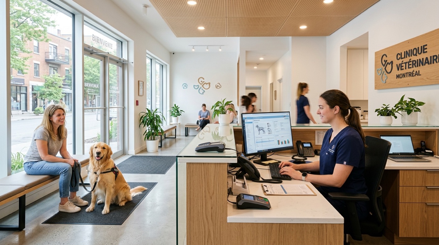 IT Cares technician fixing the front-desk workstation and clinic management software at a veterinary clinic in Canada