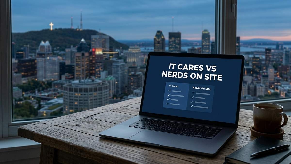 Ordinateur portable sur un bureau comparant les services de r&eacute;paration IT Cares et Nerds On Site, avec les toits de Montr&eacute;al et le Mont-Royal visibles &agrave; la tomb&eacute;e de la nuit