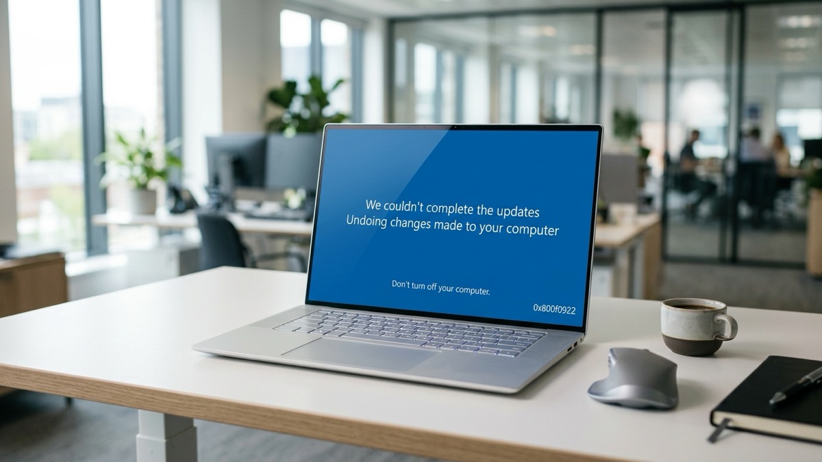 Windows 11 update failed screen showing error 0x800f0922 on a laptop